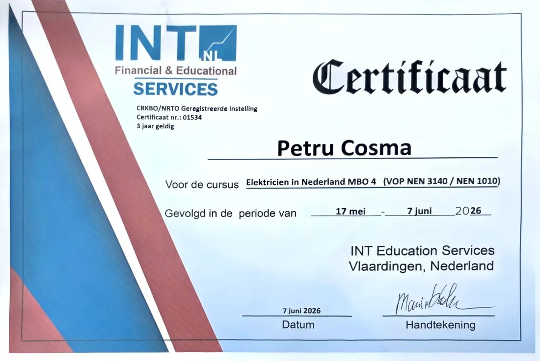 Electrician certificate for the Netherlands, MBO4, VOP NEN 3140 / NEN 1010, issued to Petru Cosma