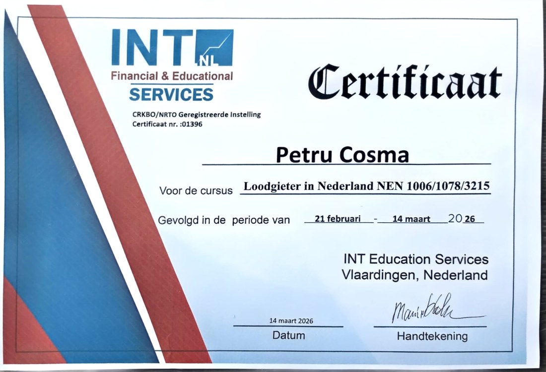 Certificaat Loodgieter in Nederland NEN 1006/1078/3215, op naam van Petru Cosma